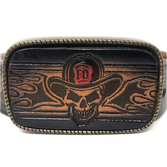 VTG Brass Skull FD Helmet Buckle Embossed Belt Mens 38 Black Leather Fire Dept - Picture 1 of 12